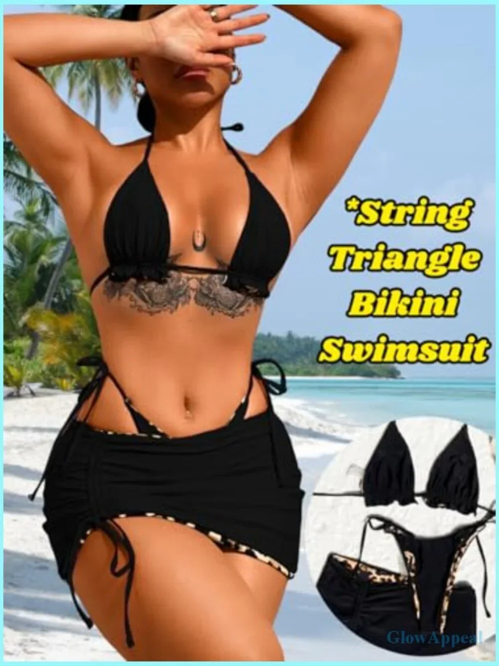 3 Piece Leopard Bikini Set with Coverup Skirt Triangle String Thong Swimwear